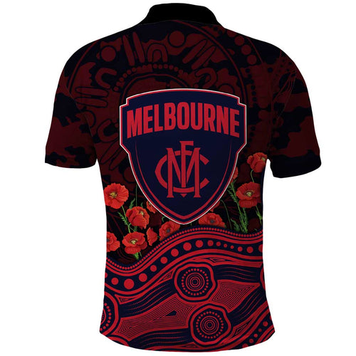 Melbourne Demons ANZAC Day Polo Shirt Indigenous Dot Art with Poppy Flower Tribute