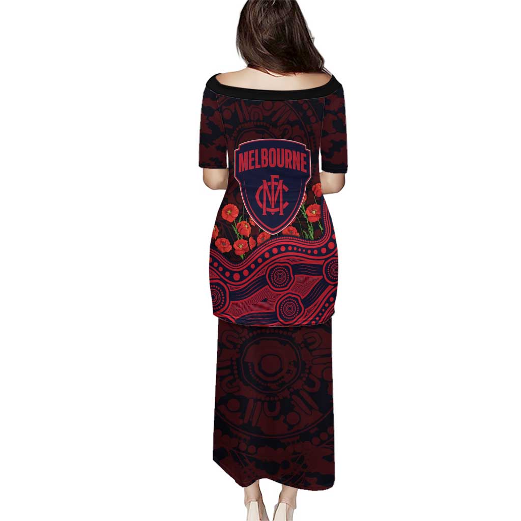 Melbourne Demons ANZAC Day Puletasi Indigenous Dot Art with Poppy Flower Tribute