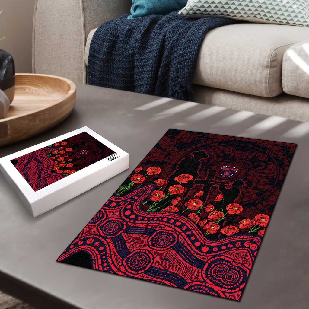 Melbourne Demons ANZAC Day Puzzle Indigenous Dot Art with Poppy Flower Tribute