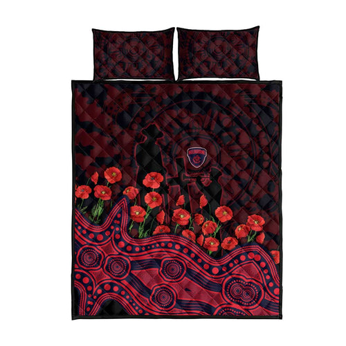 Melbourne Demons ANZAC Day Quilt Bed Set Indigenous Dot Art with Poppy Flower Tribute