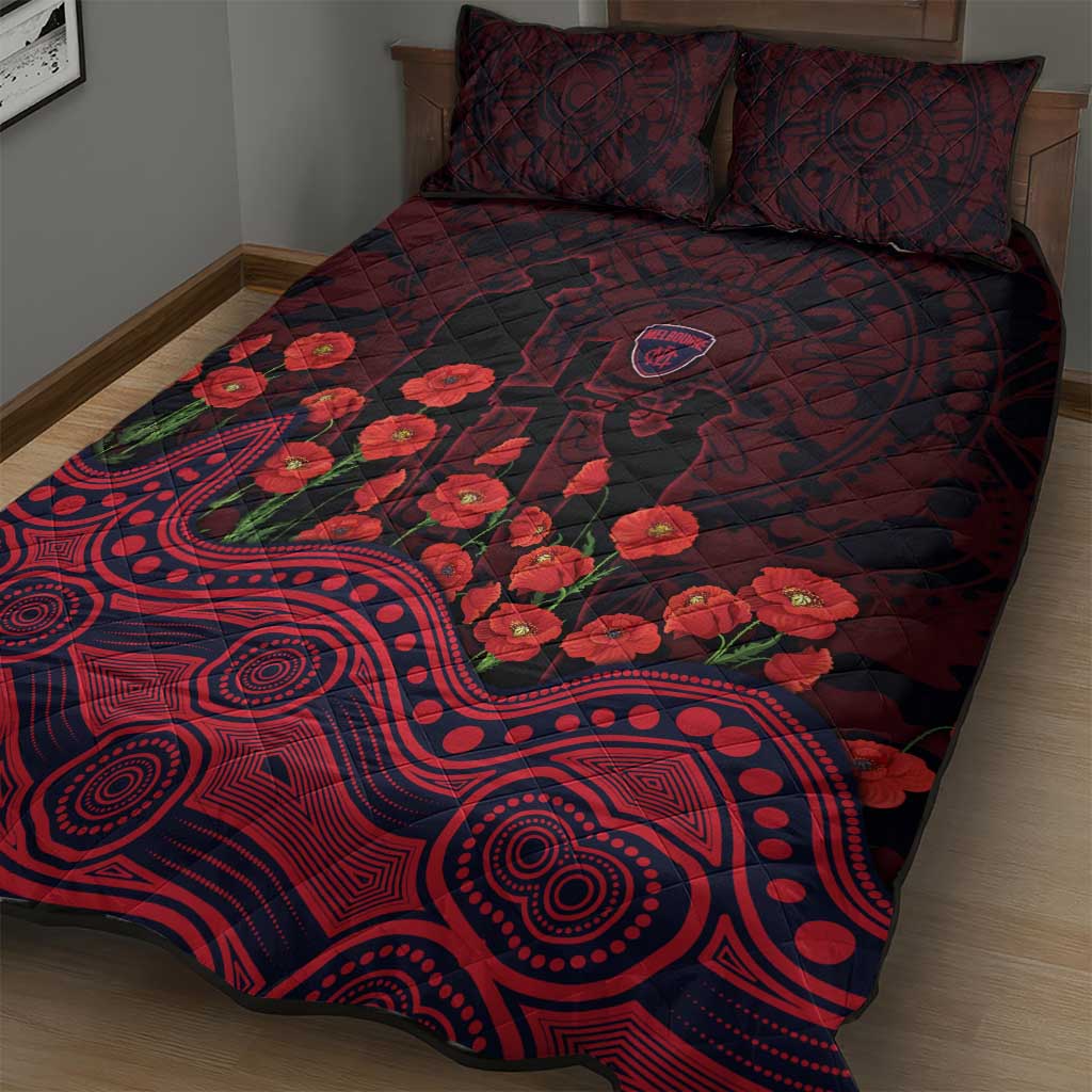 Melbourne Demons ANZAC Day Quilt Bed Set Indigenous Dot Art with Poppy Flower Tribute
