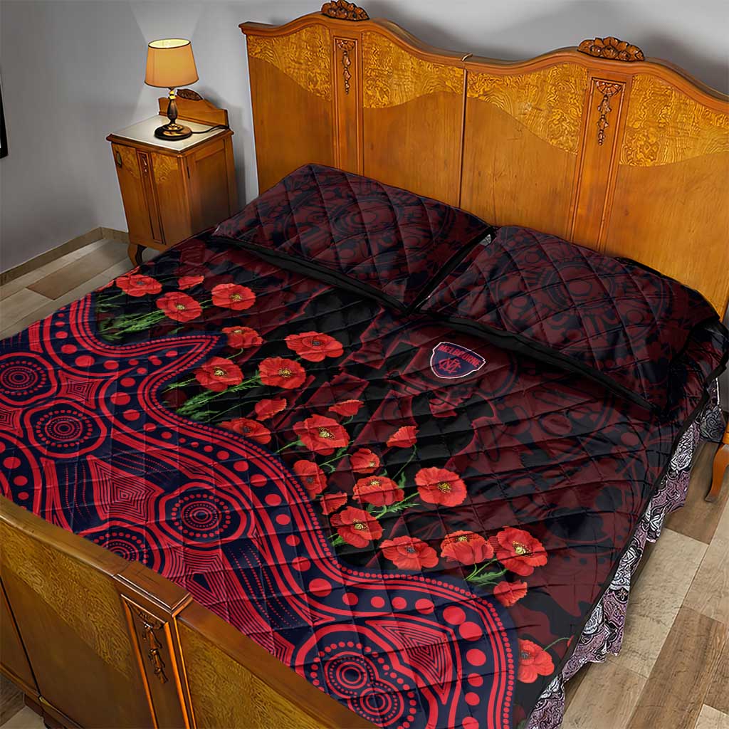 Melbourne Demons ANZAC Day Quilt Bed Set Indigenous Dot Art with Poppy Flower Tribute