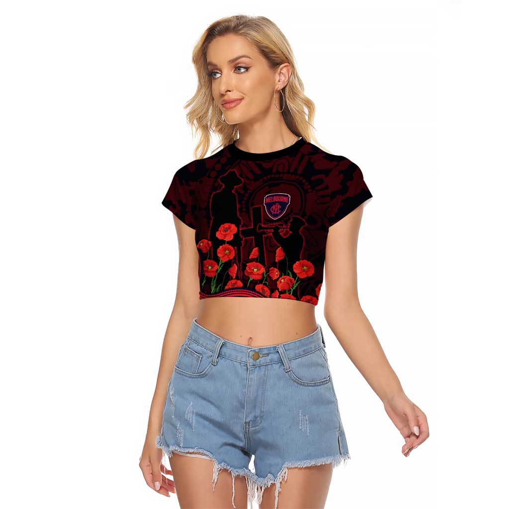 Melbourne Demons ANZAC Day Raglan Cropped T Shirt Indigenous Dot Art with Poppy Flower Tribute