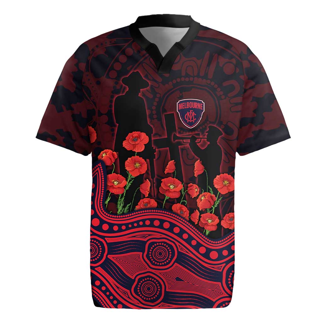Melbourne Demons ANZAC Day Rugby Jersey Indigenous Dot Art with Poppy Flower Tribute