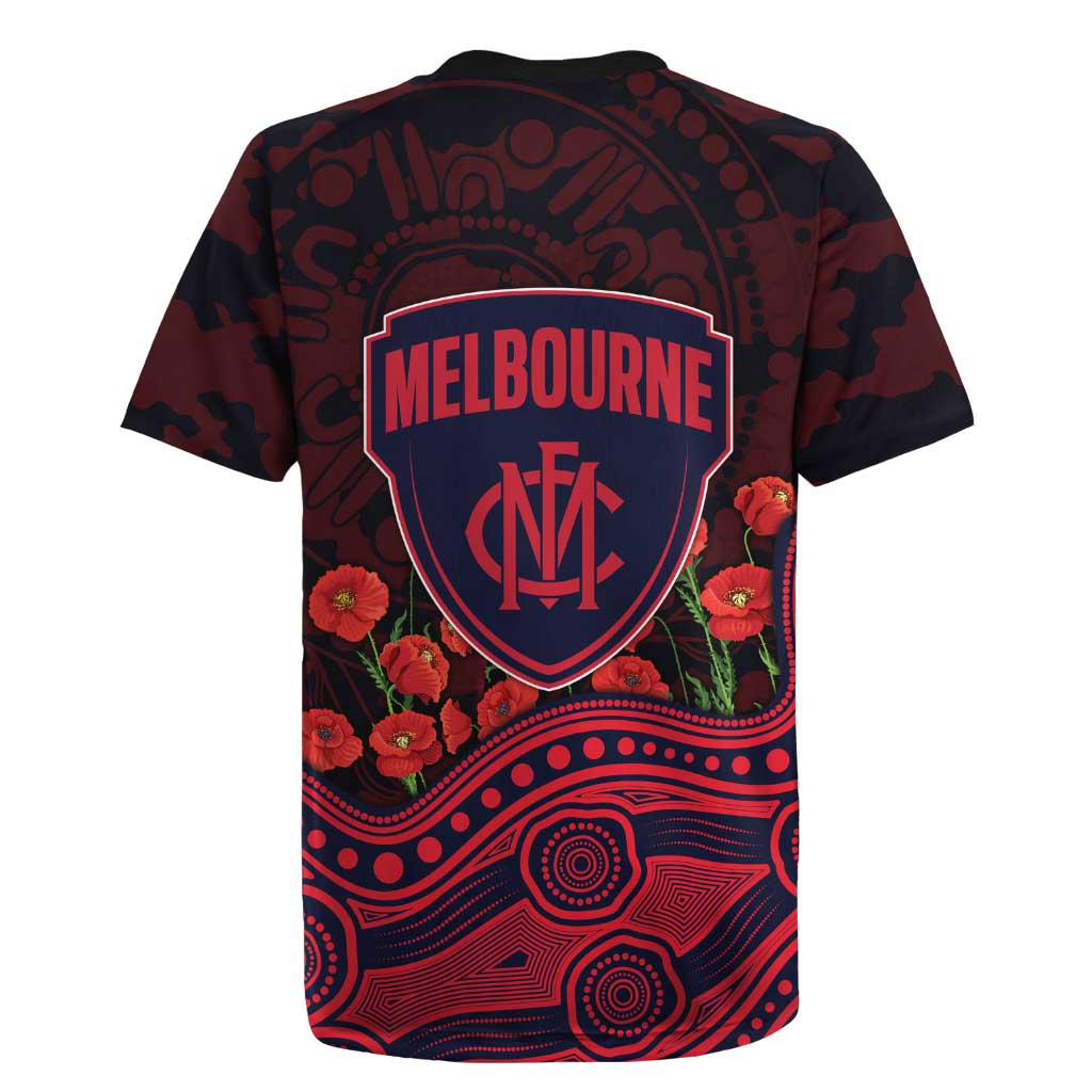 Melbourne Demons ANZAC Day Rugby Jersey Indigenous Dot Art with Poppy Flower Tribute