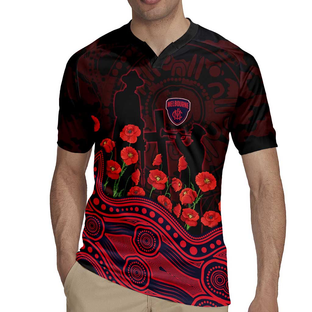 Melbourne Demons ANZAC Day Rugby Jersey Indigenous Dot Art with Poppy Flower Tribute