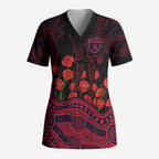Melbourne Demons ANZAC Day Scrub Top Indigenous Dot Art with Poppy Flower Tribute
