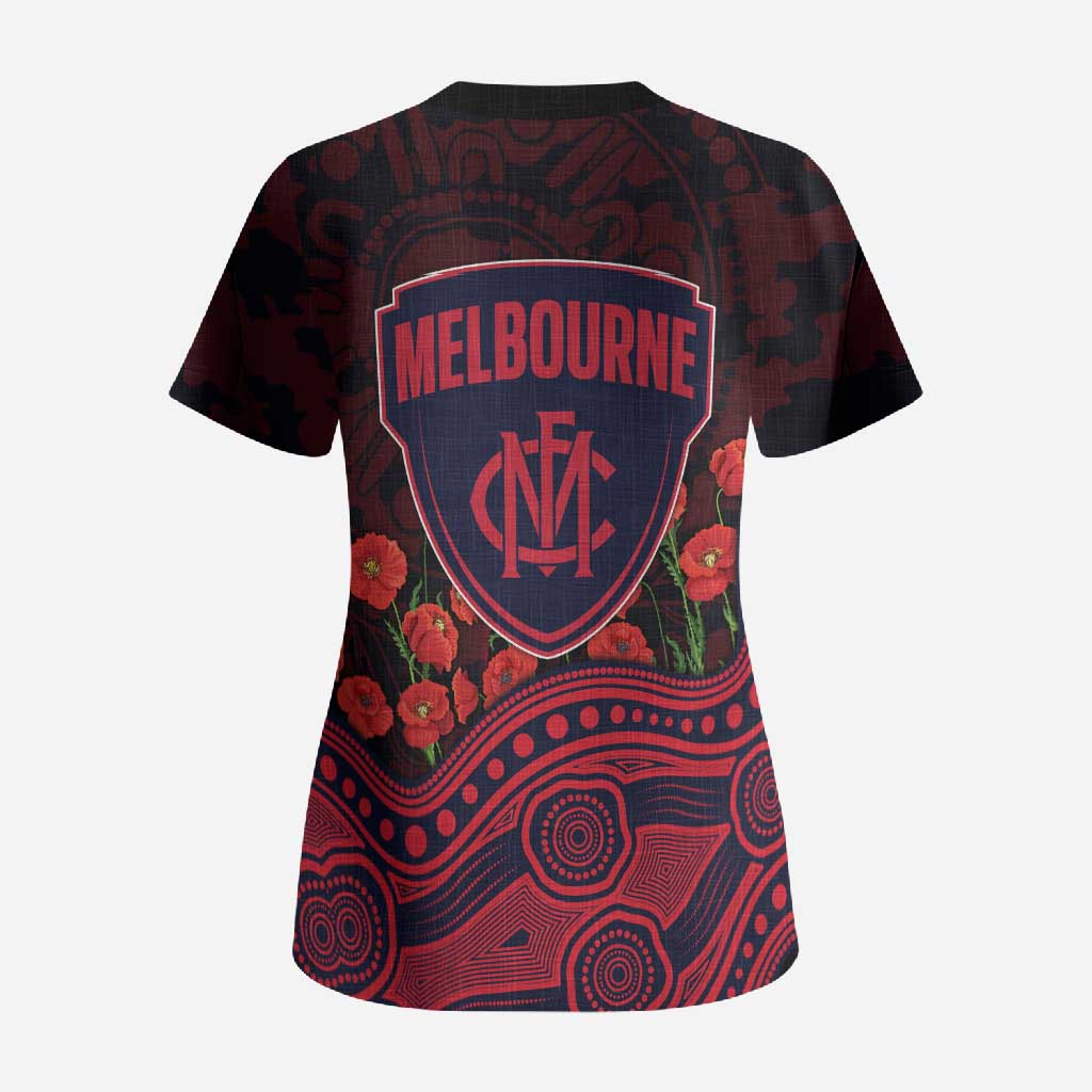 Melbourne Demons ANZAC Day Scrub Top Indigenous Dot Art with Poppy Flower Tribute