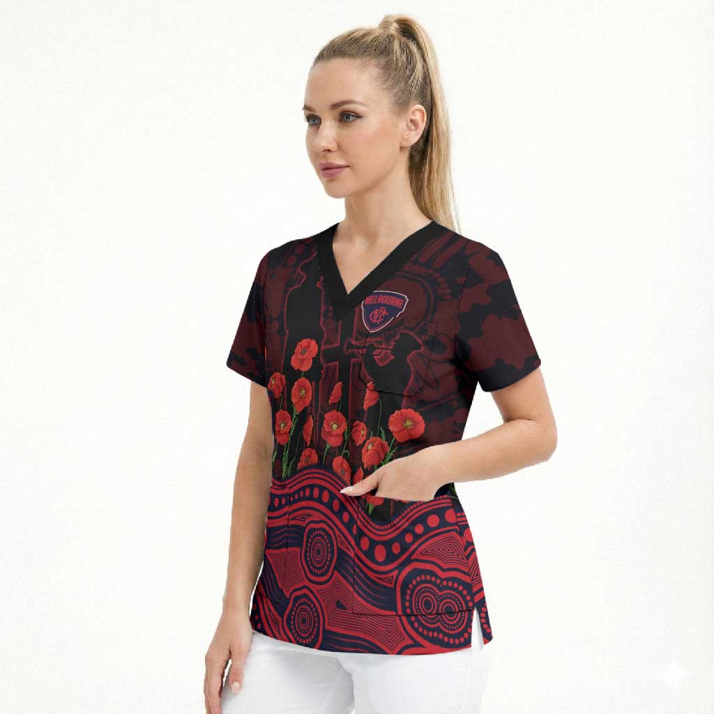 Melbourne Demons ANZAC Day Scrub Top Indigenous Dot Art with Poppy Flower Tribute