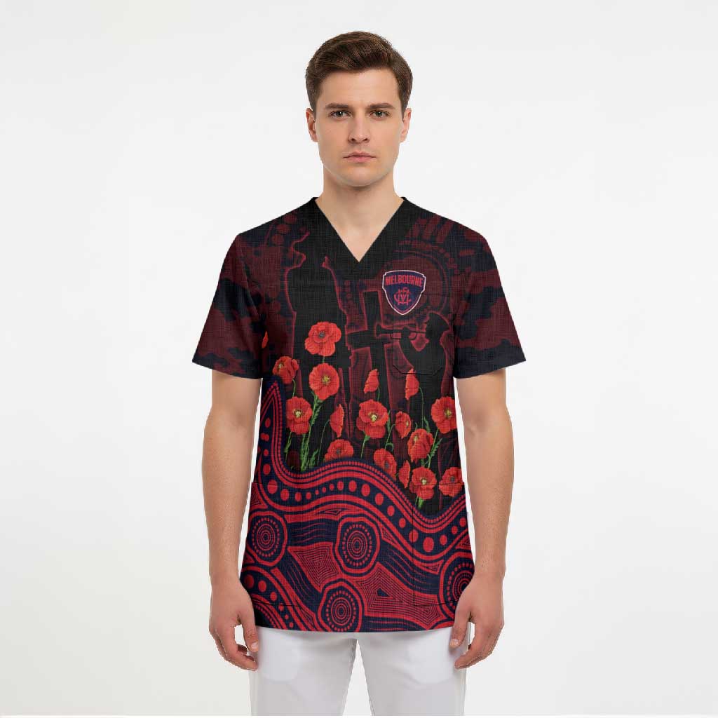 Melbourne Demons ANZAC Day Scrub Top Indigenous Dot Art with Poppy Flower Tribute