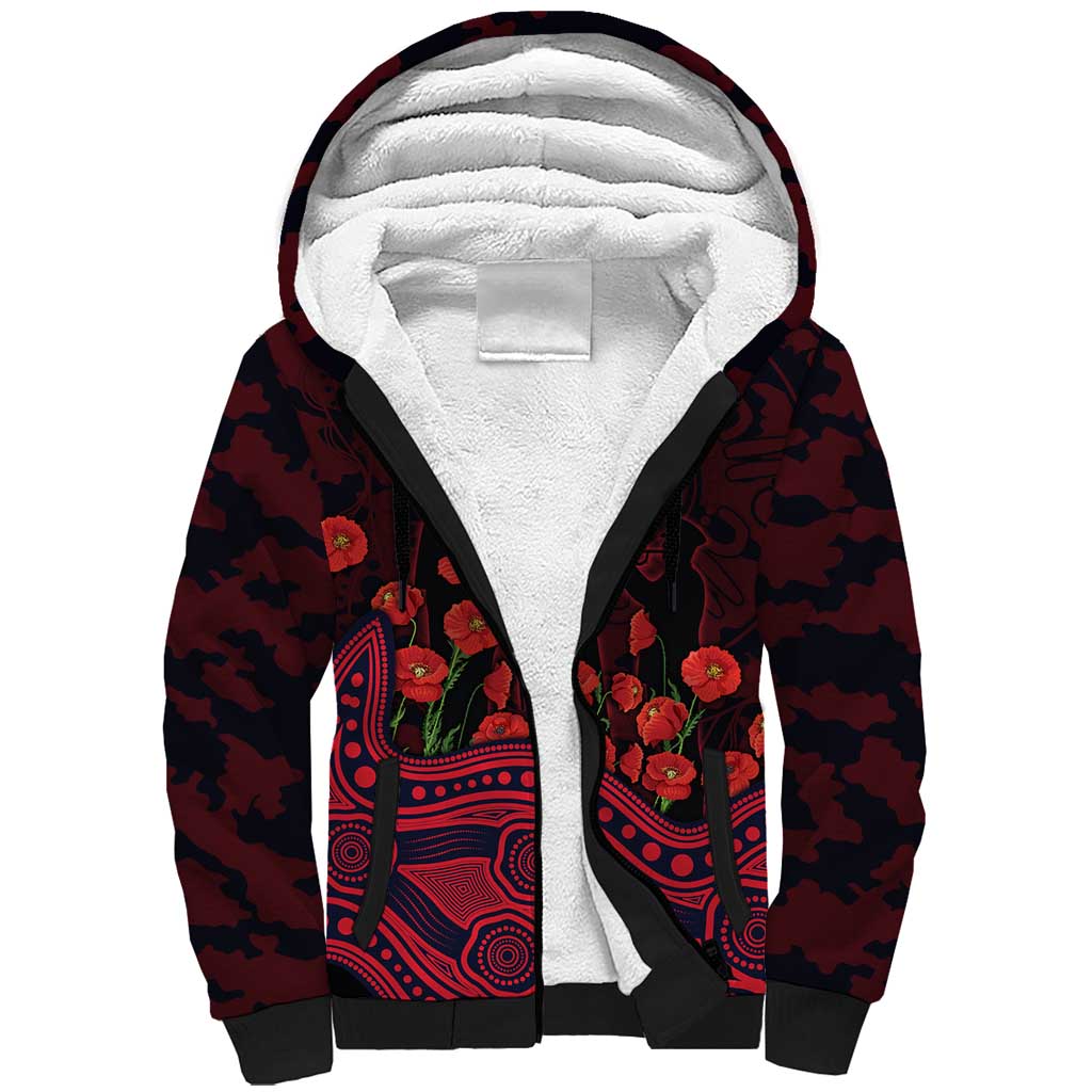 Melbourne Demons ANZAC Day Sherpa Hoodie Indigenous Dot Art with Poppy Flower Tribute
