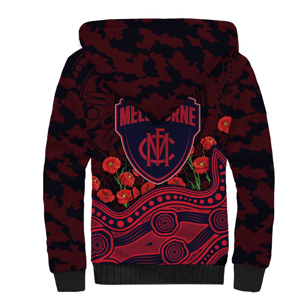 Melbourne Demons ANZAC Day Sherpa Hoodie Indigenous Dot Art with Poppy Flower Tribute