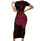 Melbourne Demons ANZAC Day Short Sleeve Bodycon Dress Indigenous Dot Art with Poppy Flower Tribute