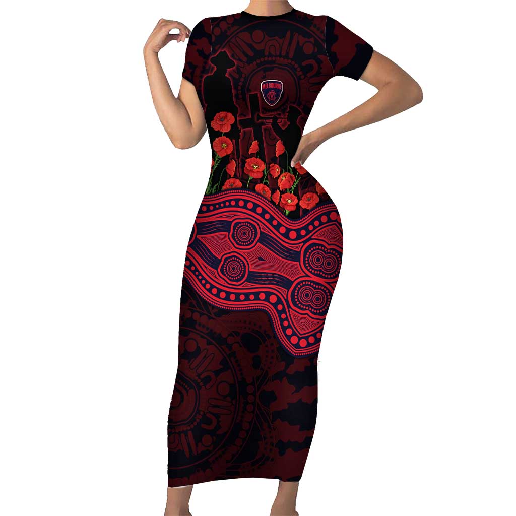 Melbourne Demons ANZAC Day Short Sleeve Bodycon Dress Indigenous Dot Art with Poppy Flower Tribute