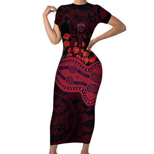 Melbourne Demons ANZAC Day Short Sleeve Bodycon Dress Indigenous Dot Art with Poppy Flower Tribute