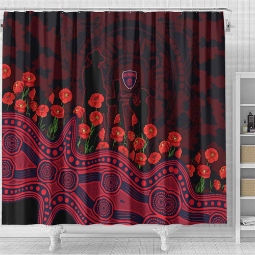 Melbourne Demons ANZAC Day Shower Curtain Indigenous Dot Art with Poppy Flower Tribute