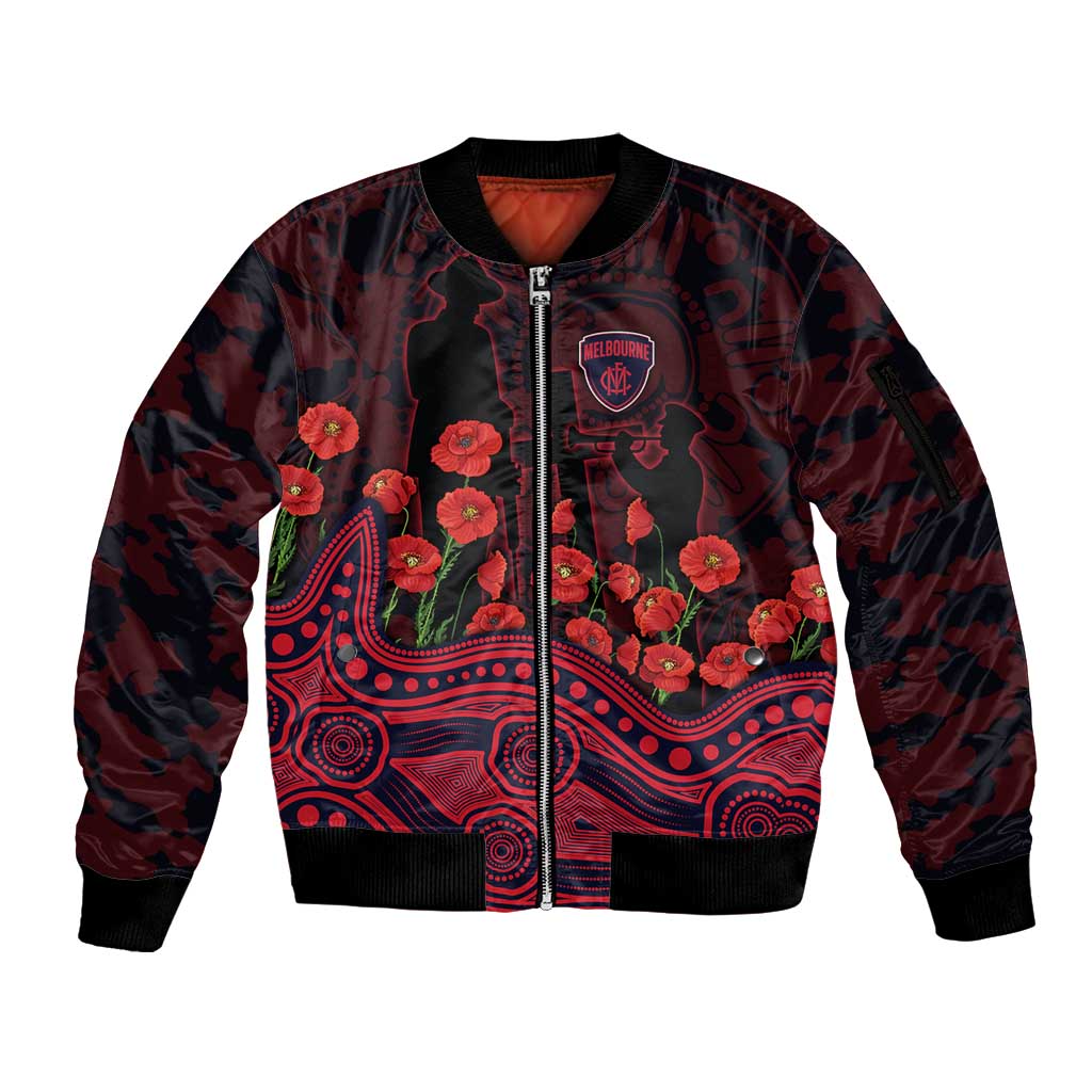 Melbourne Demons ANZAC Day Sleeve Zip Bomber Jacket Indigenous Dot Art with Poppy Flower Tribute
