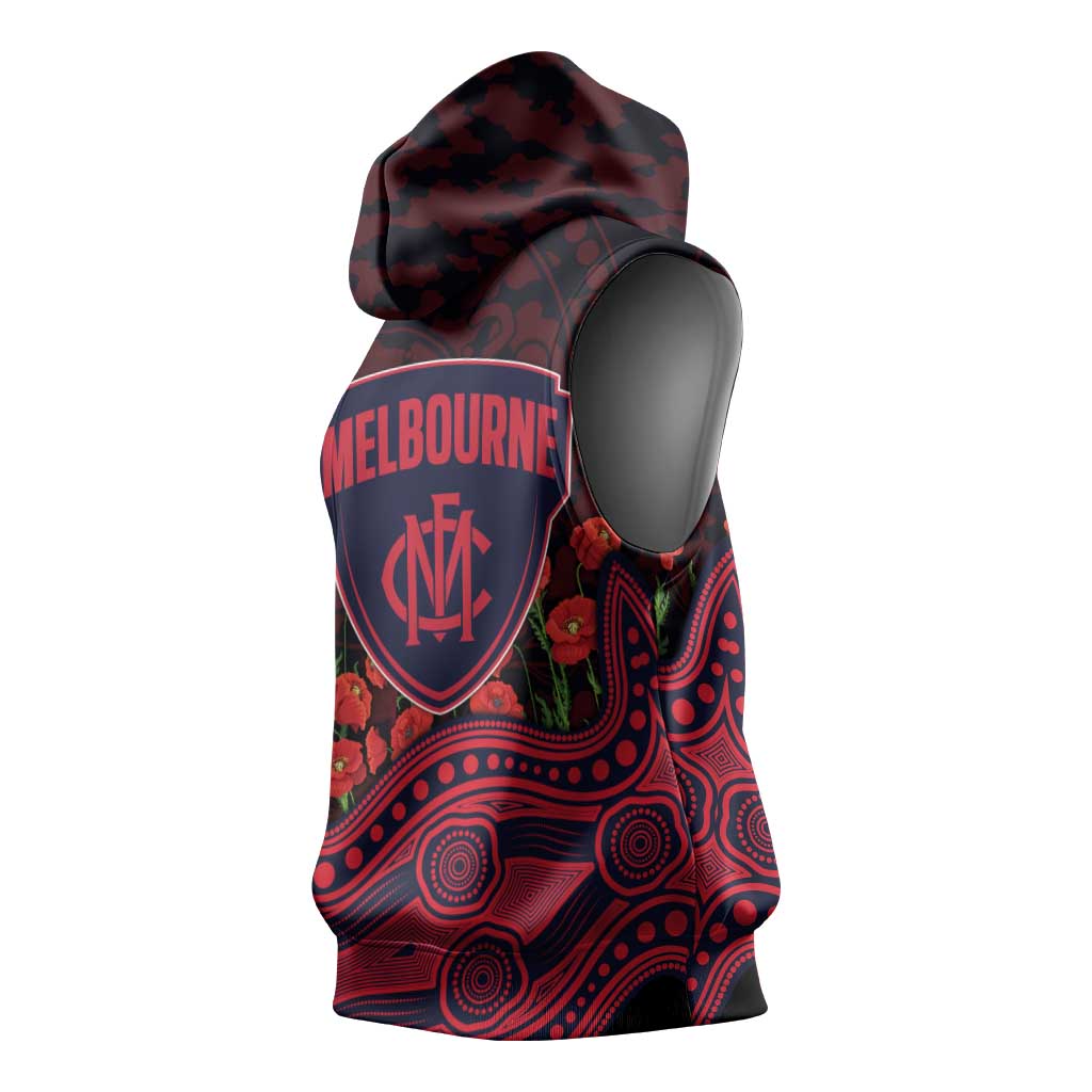 Melbourne Demons ANZAC Day Sleeveless Hoodie Indigenous Dot Art with Poppy Flower Tribute