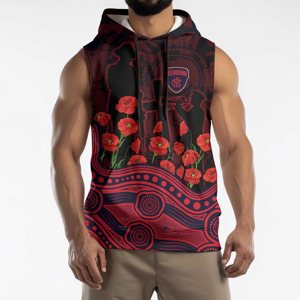 Melbourne Demons ANZAC Day Sleeveless Hoodie Indigenous Dot Art with Poppy Flower Tribute
