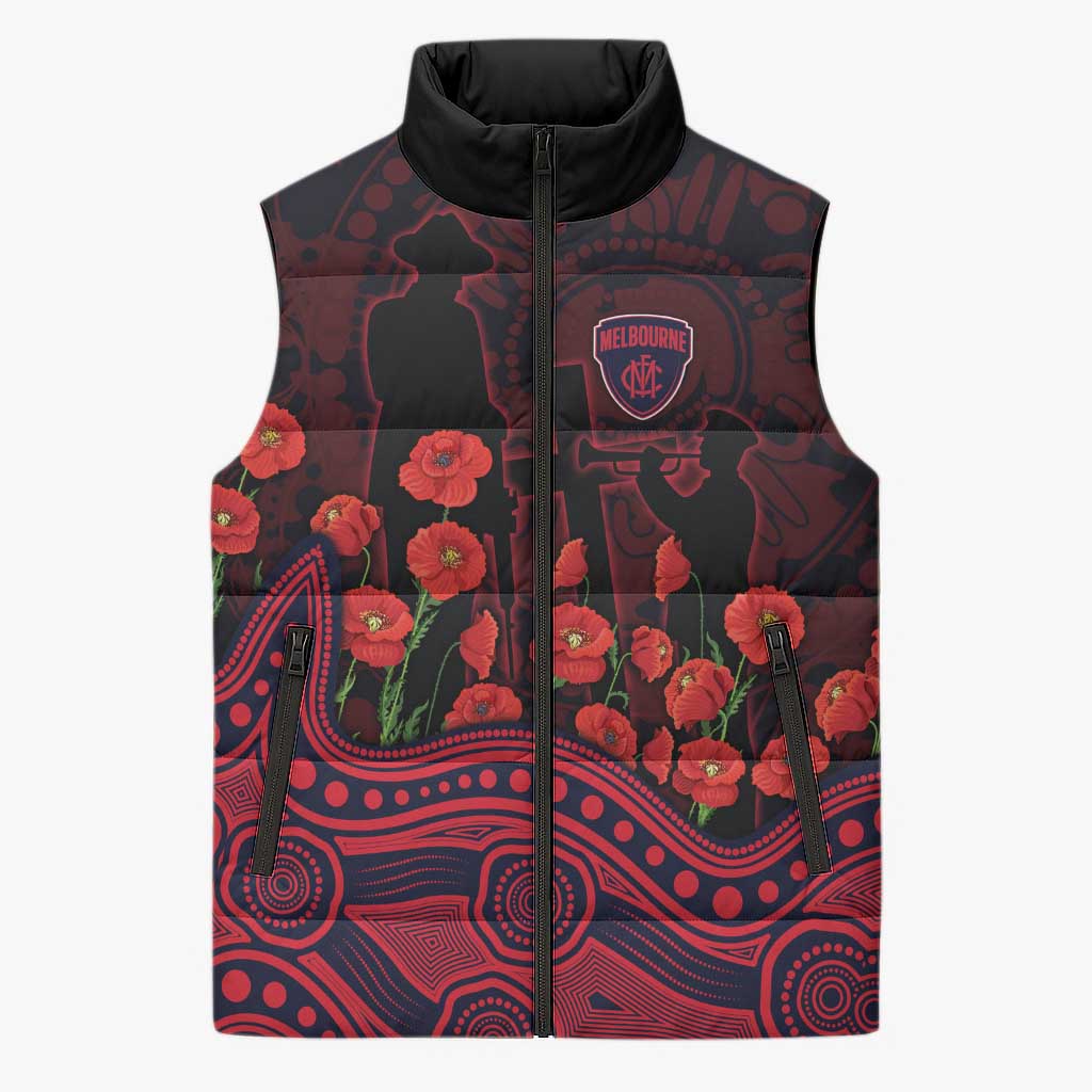 Melbourne Demons ANZAC Day Sleeveless Puffer Jacket Indigenous Dot Art with Poppy Flower Tribute