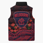 Melbourne Demons ANZAC Day Sleeveless Puffer Jacket Indigenous Dot Art with Poppy Flower Tribute