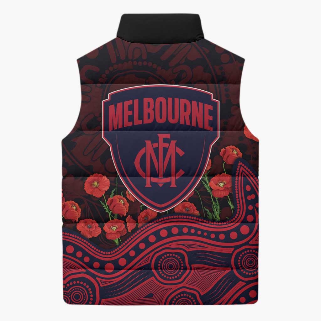Melbourne Demons ANZAC Day Sleeveless Puffer Jacket Indigenous Dot Art with Poppy Flower Tribute