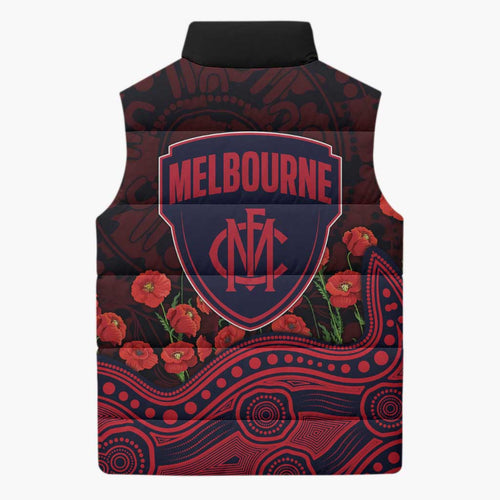 Melbourne Demons ANZAC Day Sleeveless Puffer Jacket Indigenous Dot Art with Poppy Flower Tribute