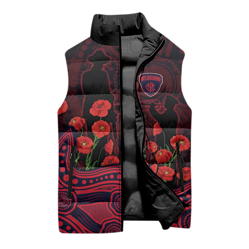Melbourne Demons ANZAC Day Sleeveless Puffer Jacket Indigenous Dot Art with Poppy Flower Tribute