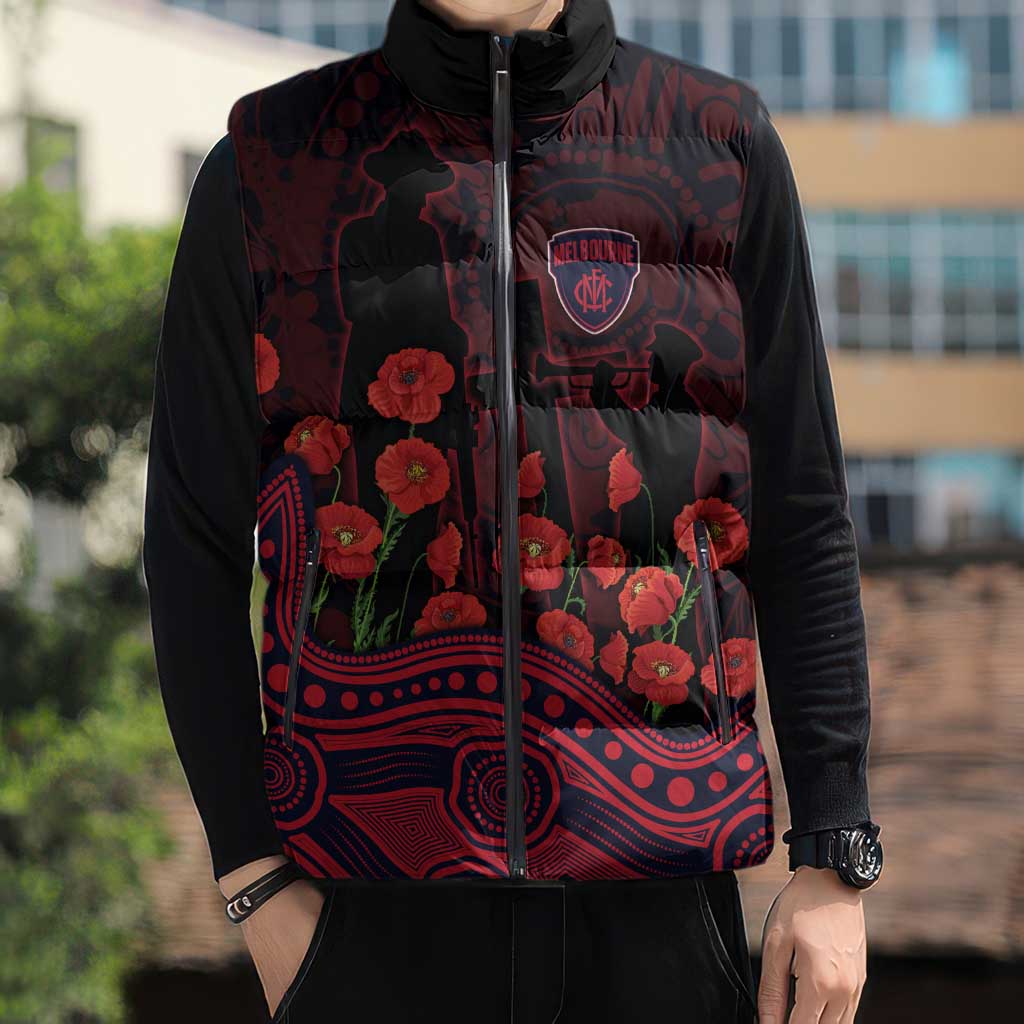 Melbourne Demons ANZAC Day Sleeveless Puffer Jacket Indigenous Dot Art with Poppy Flower Tribute