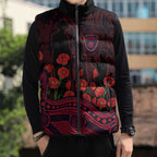 Melbourne Demons ANZAC Day Sleeveless Puffer Jacket Indigenous Dot Art with Poppy Flower Tribute