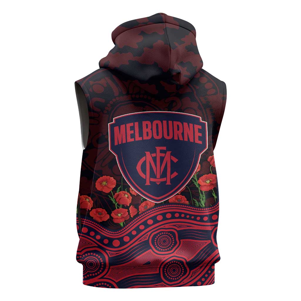 Melbourne Demons ANZAC Day Sleeveless Zip Hoodie Indigenous Dot Art with Poppy Flower Tribute