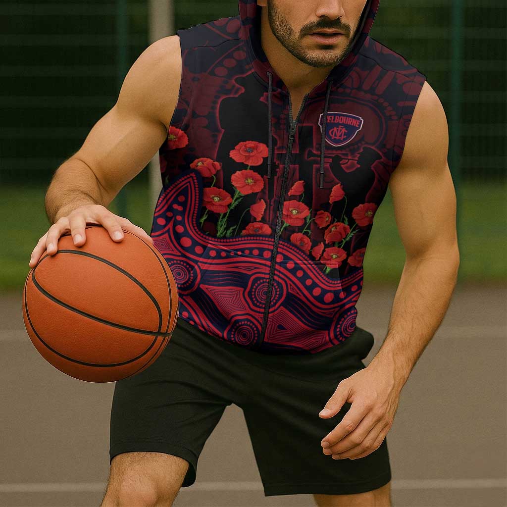 Melbourne Demons ANZAC Day Sleeveless Zip Hoodie Indigenous Dot Art with Poppy Flower Tribute