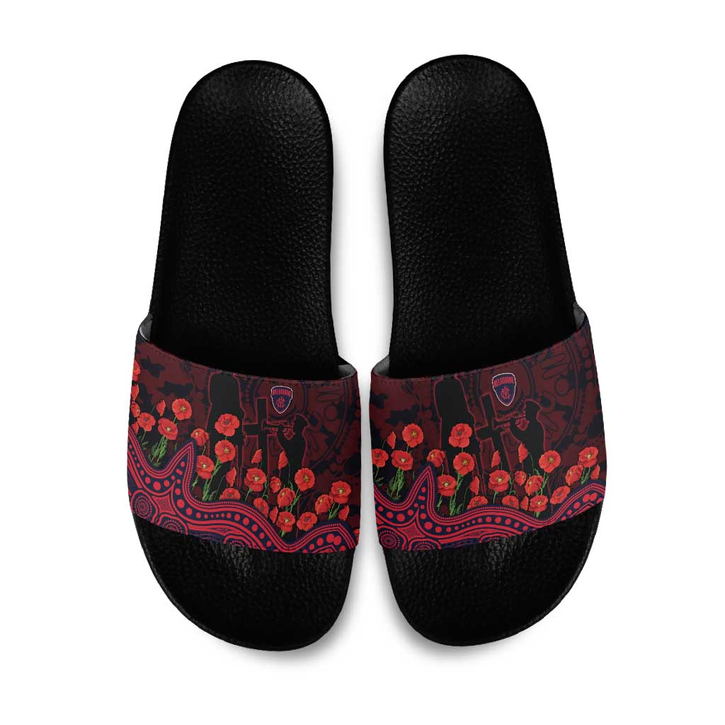 Melbourne Demons ANZAC Day Slide Sandals Indigenous Dot Art with Poppy Flower Tribute