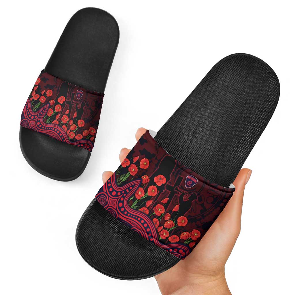 Melbourne Demons ANZAC Day Slide Sandals Indigenous Dot Art with Poppy Flower Tribute