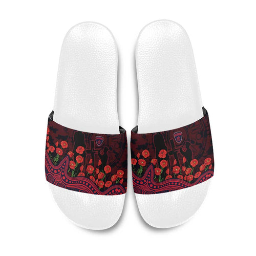 Melbourne Demons ANZAC Day Slide Sandals Indigenous Dot Art with Poppy Flower Tribute