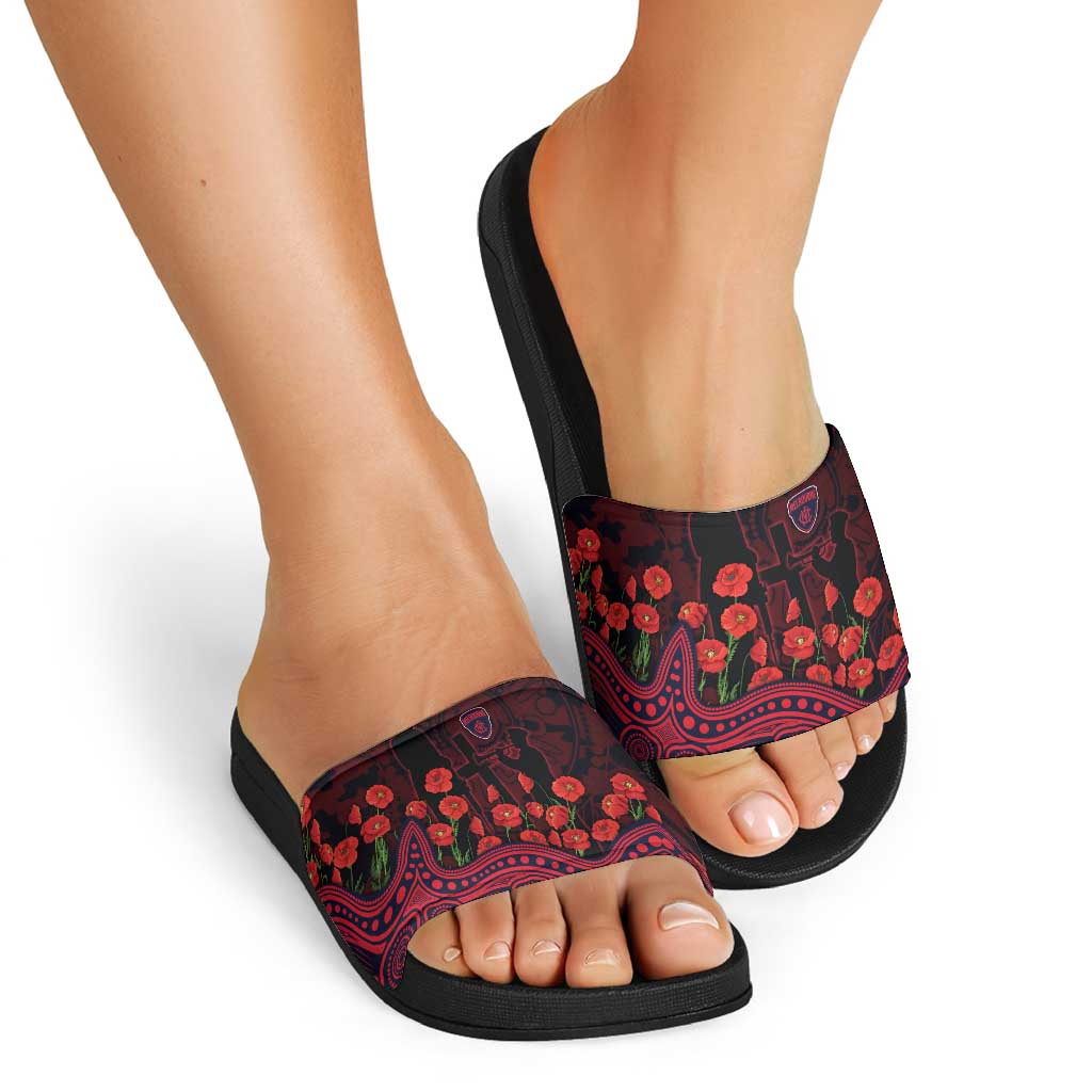 Melbourne Demons ANZAC Day Slide Sandals Indigenous Dot Art with Poppy Flower Tribute