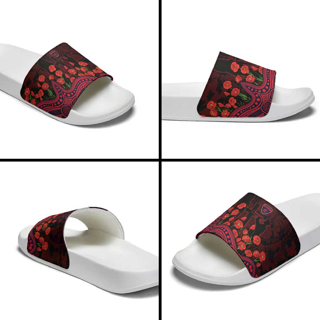 Melbourne Demons ANZAC Day Slide Sandals Indigenous Dot Art with Poppy Flower Tribute