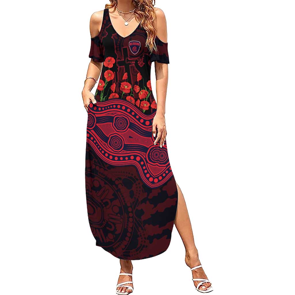 Melbourne Demons ANZAC Day Summer Maxi Dress Indigenous Dot Art with Poppy Flower Tribute