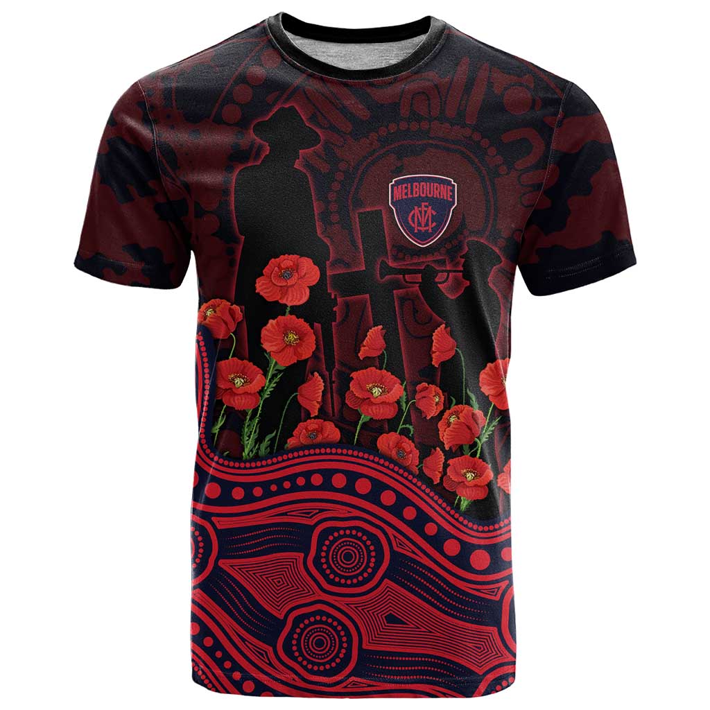 Melbourne Demons ANZAC Day T Shirt Indigenous Dot Art with Poppy Flower Tribute