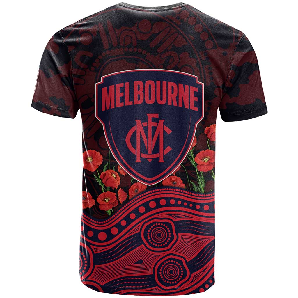 Melbourne Demons ANZAC Day T Shirt Indigenous Dot Art with Poppy Flower Tribute