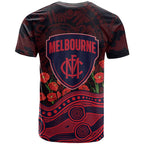 Melbourne Demons ANZAC Day T Shirt Indigenous Dot Art with Poppy Flower Tribute