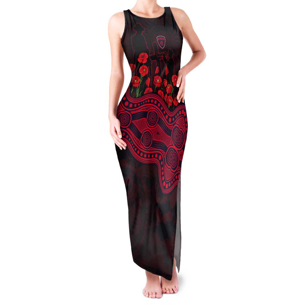 Melbourne Demons ANZAC Day Tank Maxi Dress Indigenous Dot Art with Poppy Flower Tribute