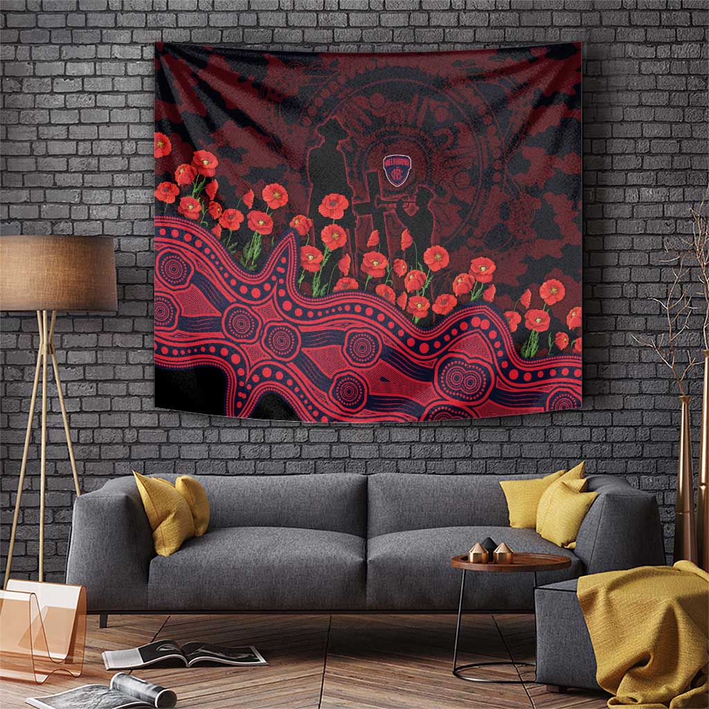 Melbourne Demons ANZAC Day Tapestry Indigenous Dot Art with Poppy Flower Tribute
