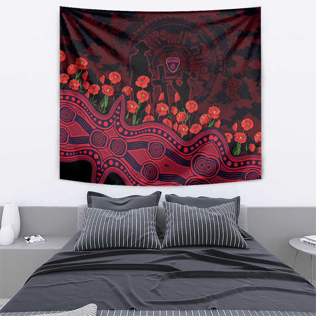 Melbourne Demons ANZAC Day Tapestry Indigenous Dot Art with Poppy Flower Tribute