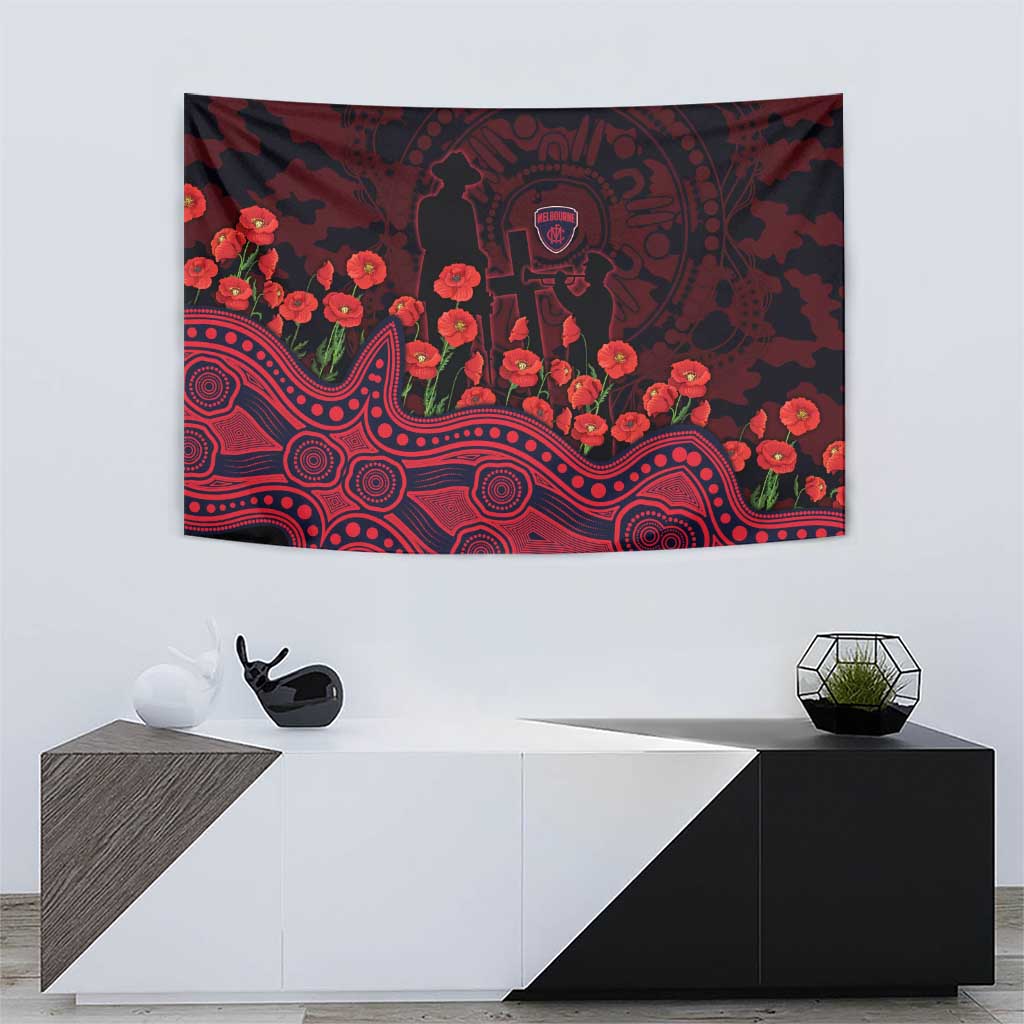 Melbourne Demons ANZAC Day Tapestry Indigenous Dot Art with Poppy Flower Tribute