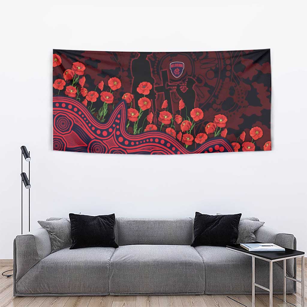 Melbourne Demons ANZAC Day Tapestry Indigenous Dot Art with Poppy Flower Tribute