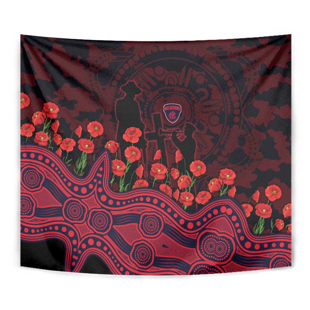 Melbourne Demons ANZAC Day Tapestry Indigenous Dot Art with Poppy Flower Tribute