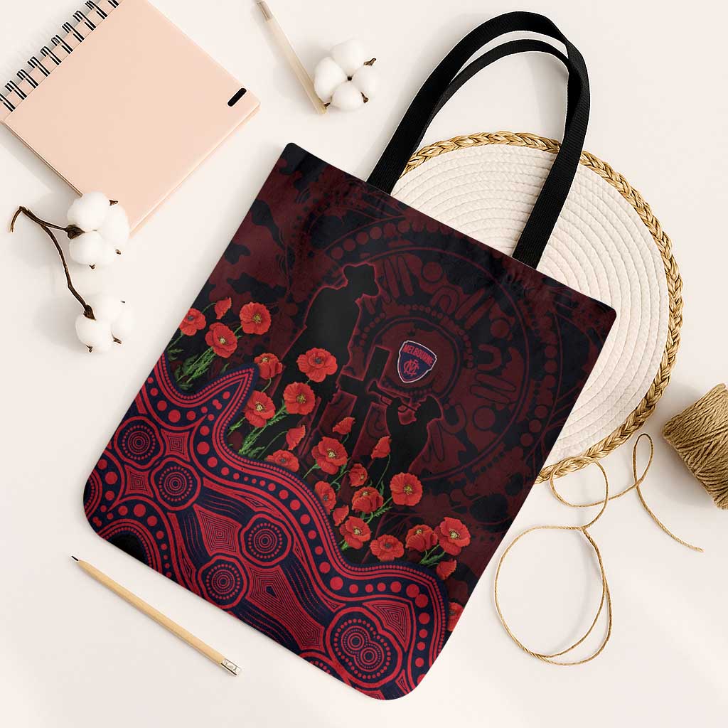 Melbourne Demons ANZAC Day Tote Bag Indigenous Dot Art with Poppy Flower Tribute