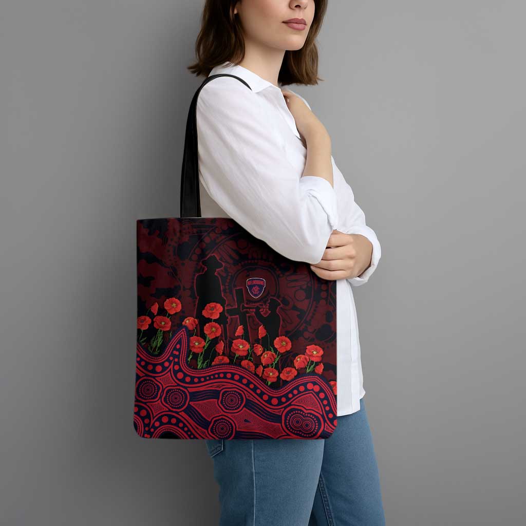 Melbourne Demons ANZAC Day Tote Bag Indigenous Dot Art with Poppy Flower Tribute