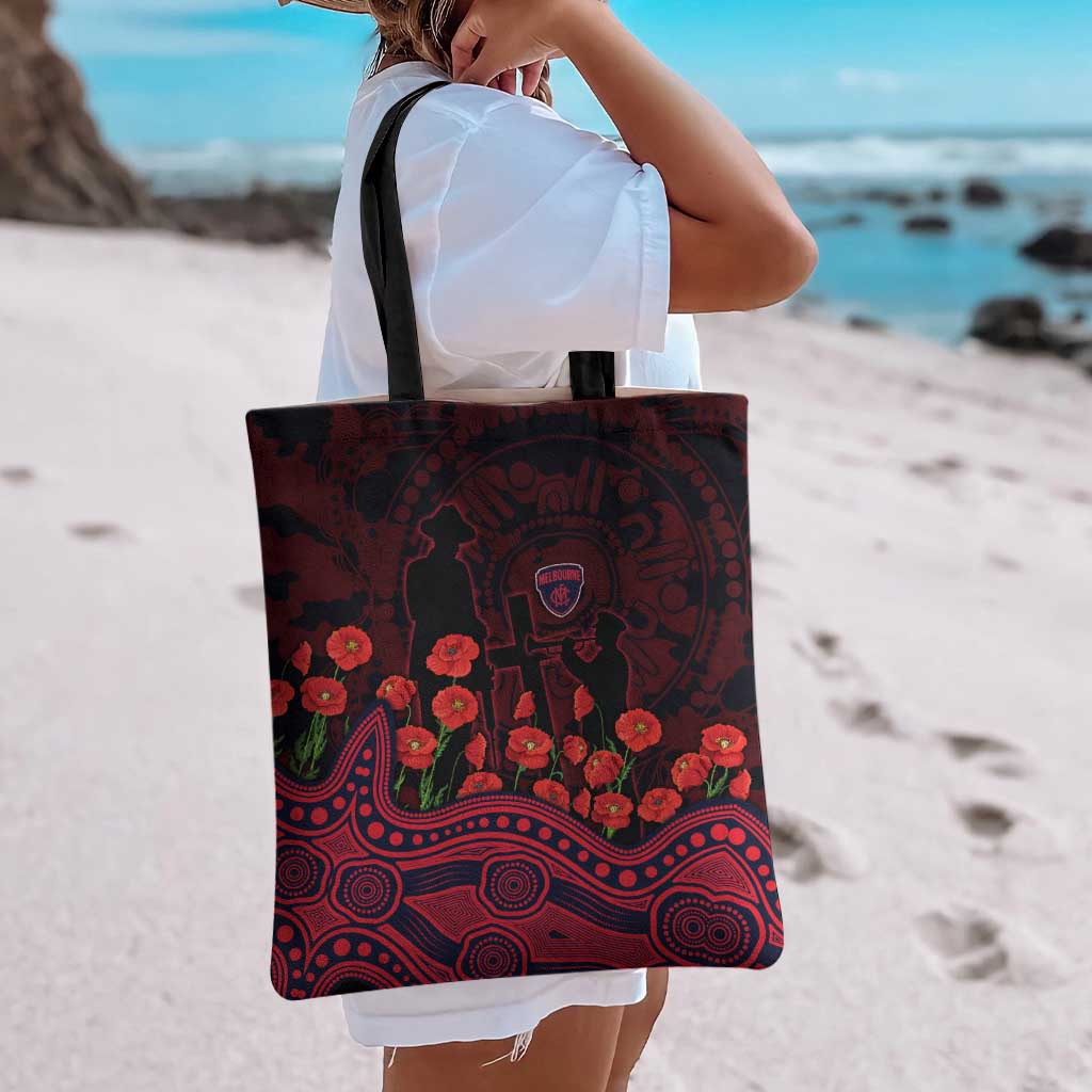 Melbourne Demons ANZAC Day Tote Bag Indigenous Dot Art with Poppy Flower Tribute